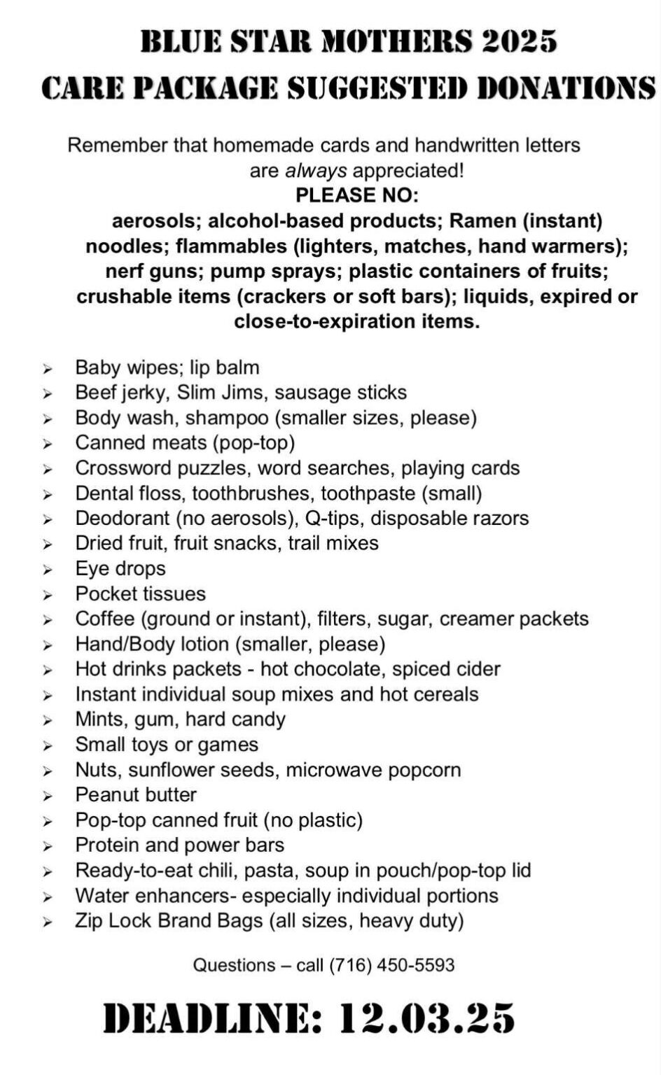 Blue Star Mothers 2025 Shopping List